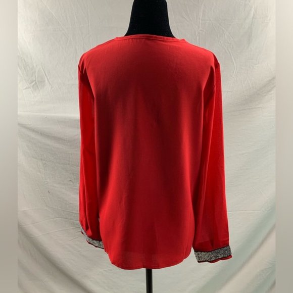 Red Contrast Sequin Mesh Sleeve Blouse - Picture 8 of 8